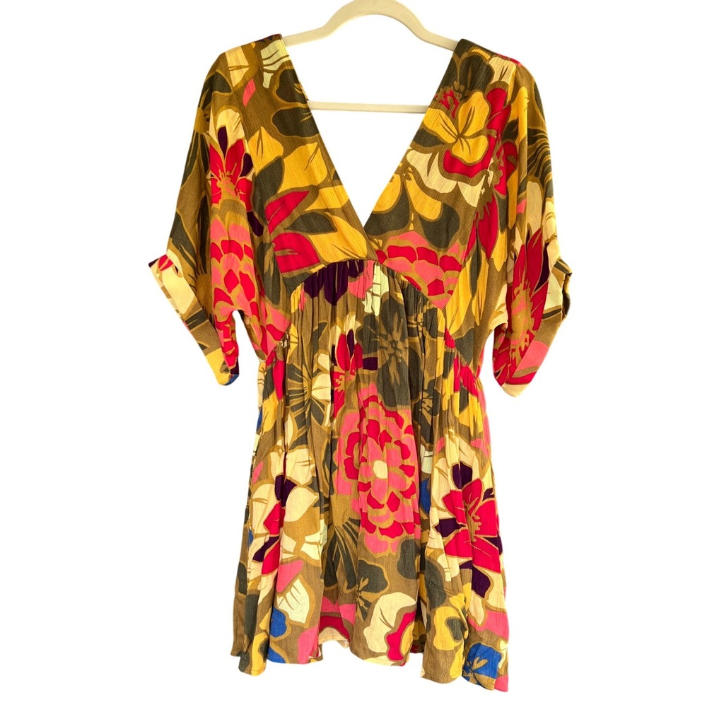 ONeill Floral Mini Dress Womens Small Yellow Pink Tropical Boho V-Neck HO2416003